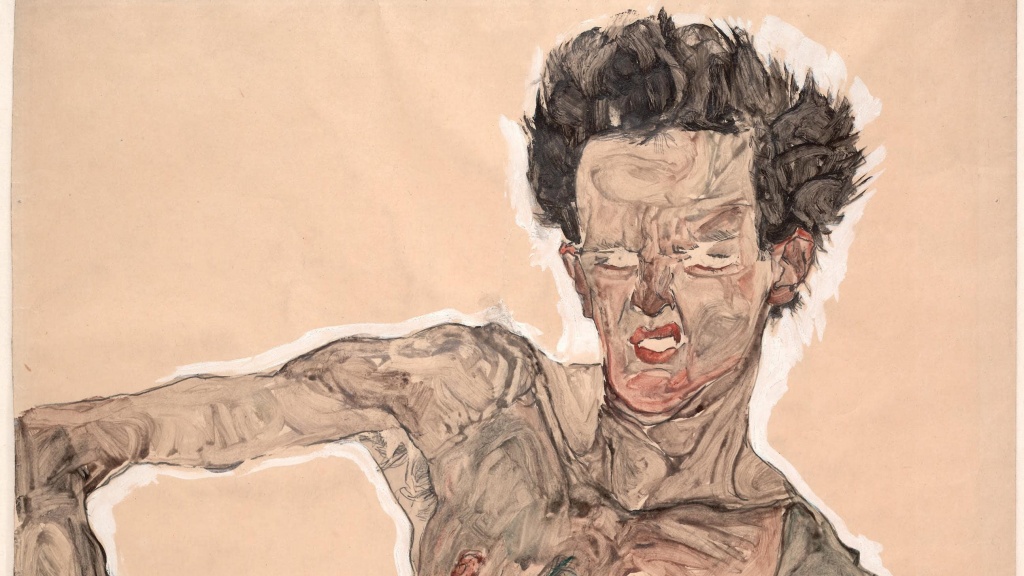 Egon Schiele painting called Nude Self Portrait, Grimacing. London Art Studies. 